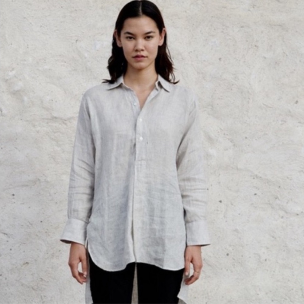 Esby apparel Linen popover Iris tunic blouse long sleeve Cloud pinstripe M